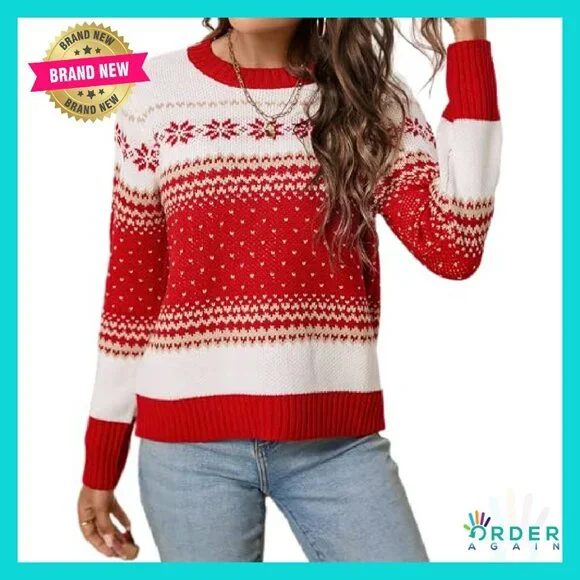 Festive Fair Isle Pullover Cozy Ribbed Knit Crewneck Holiday Sweater